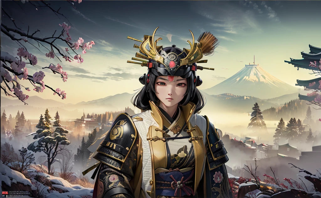 Female, (girls:1.5), (exceptional, best aesthetic, new, newest, best quality, anime, waifu:1.2), best quality, ultra detailed, absurdres, highres, colored, good anatomy, black hair, pretty face, Japanese Samurai armor, Samurai helmet, laurel leaves on helmet, swords, cape, Japanese castle, tree, snow mountain, fire,