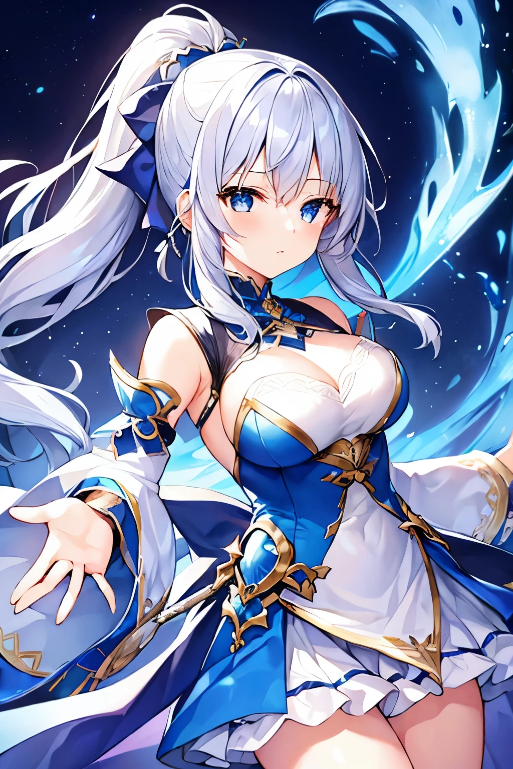 1 girl、Silver Hair、ponytail、Fantasy Clothing、Blue Dancer&#39;s Outfit、((Purple decoration))、accessories、(Expose、Bigger breasts)、No underwear、Fan、Dirty、Shameless