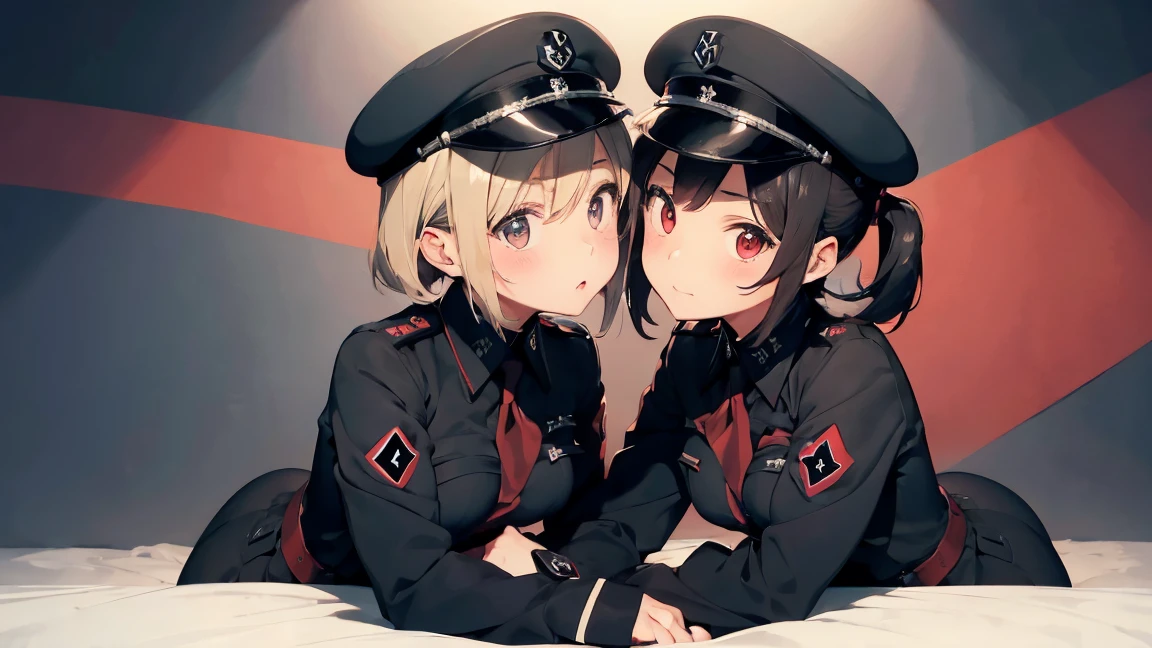 Gestapo uniform, female Nazi lesbian kawaii sisters kissing passionately on top of German tank, wearing Luftwaffe uniforms. 8k. masterpiece. best quality. best artwork. lingerie. insignia red armband