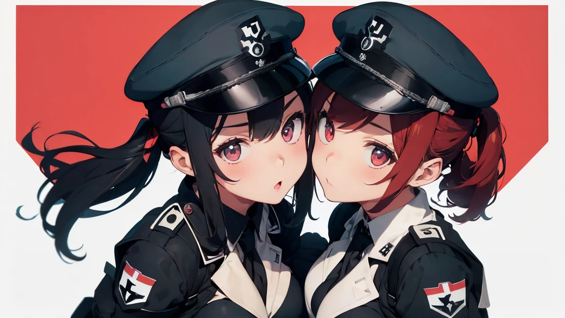 Gestapo uniform, female Nazi lesbian kawaii sisters kissing passionately on top of German tank, wearing Luftwaffe uniforms. 8k. masterpiece. best quality. best artwork. lingerie. insignia red armband