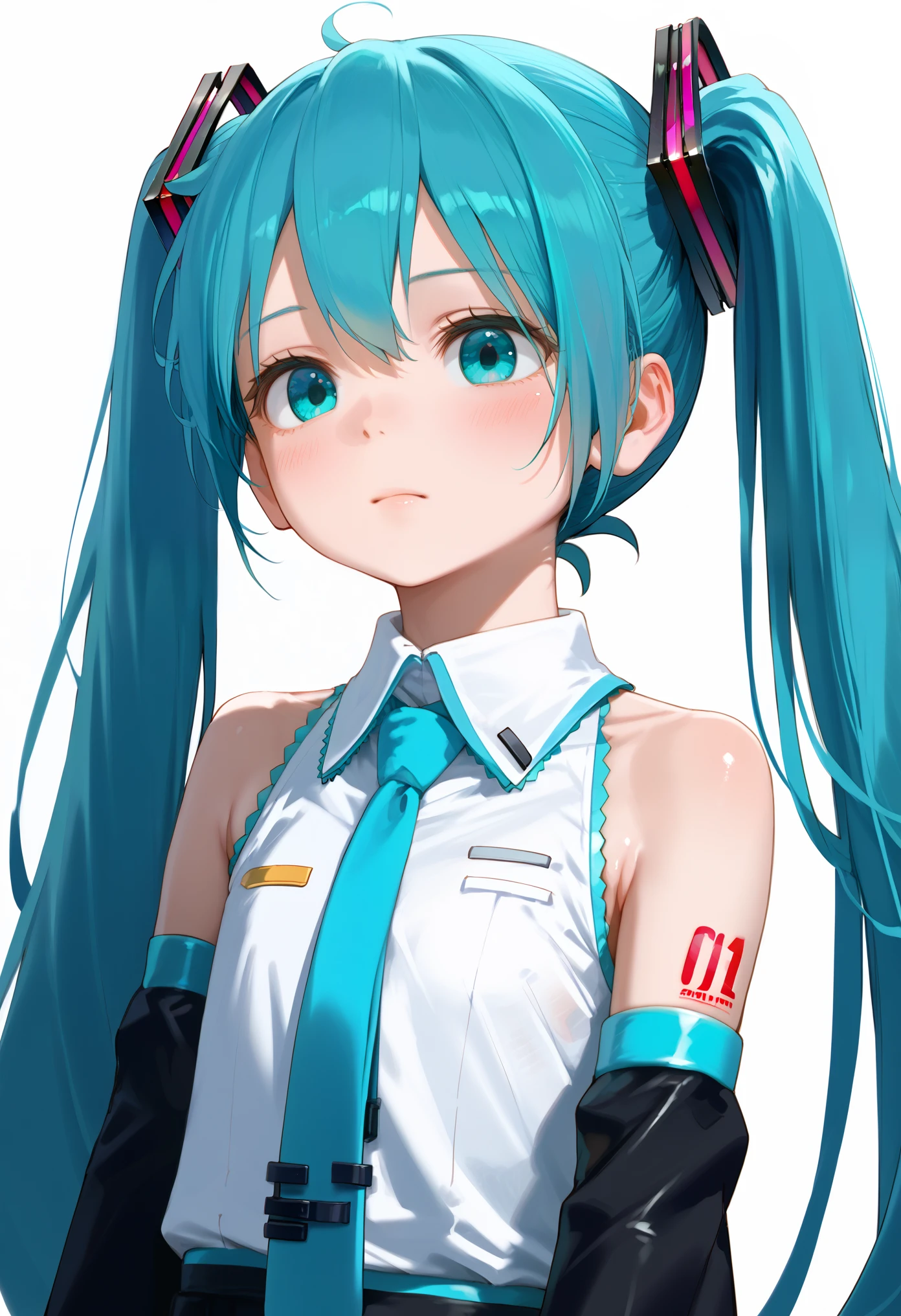 score_9, score_8_up, score_7_up, score_6_up, score_5_up, score_4_up,
1girl,hatsune miku,solo,long hair,twintails,necktie,detached sleeves,aqua hair,aqua eyes,white background,shirt,simple background,hair ornament,upper body,black sleeves,sleeveless