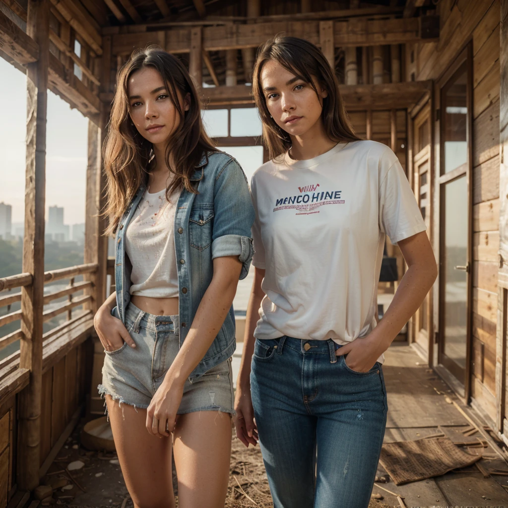8k, RAW photo, best quality, (masterpiece:1.2), ultra detailed, ((Standing in the middle of building)),short hair, (looking at viewers), cowboy shot,legs,smile,medium long hair,inside bamboo wooven house,white skinshiny lip, length hair, Pink, realisitic,asian skin,wearing t-shirt with jacket,blue jeans,busty, inruins, sunset, cinematic lighting, look at veiwer, pov, ((((high detailed skin)))), [[[freckles]]], 8k, sharp focus, ((weathered, dirty)) 