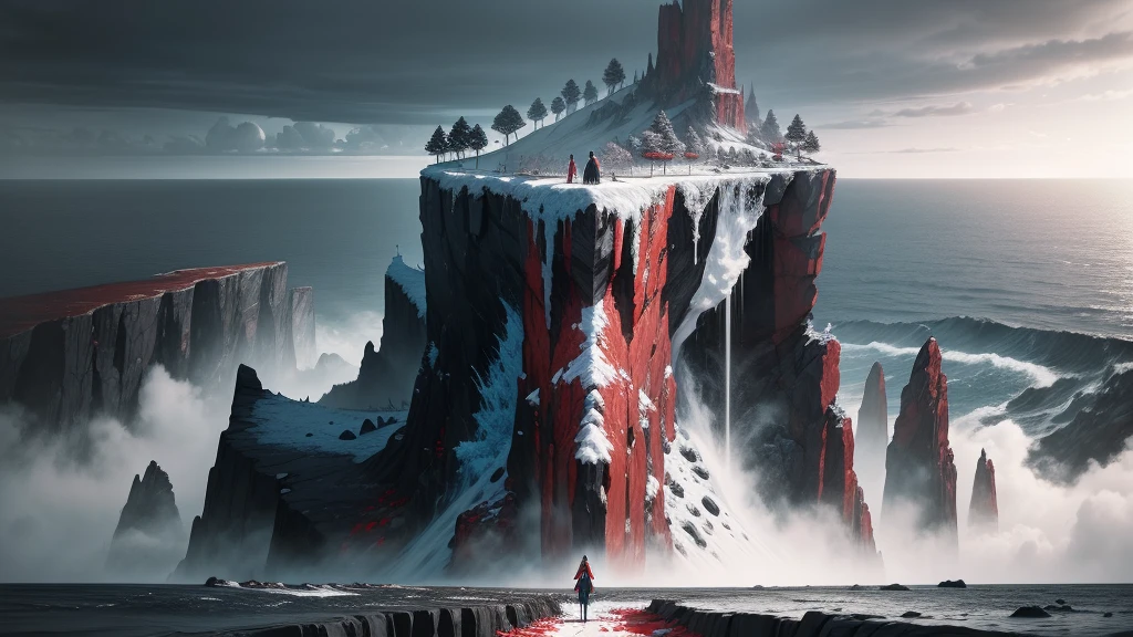 black and white and blue and red,(best quality, ultra-detailed, high resolution, extremely detailed cg),wide shot,dead angels stand on cliff edge,she is very beautiful,she like blood and sea,bloody rain, mystical,fanatic, intricate, surreal,delicate