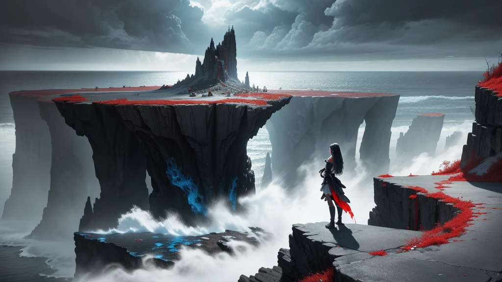 black and white and blue and red,(best quality, ultra-detailed, high resolution, extremely detailed cg),wide shot,dead angels stand on cliff edge,she is very beautiful,she like blood and sea,bloody rain, mystical,fanatic, intricate, surreal,delicate