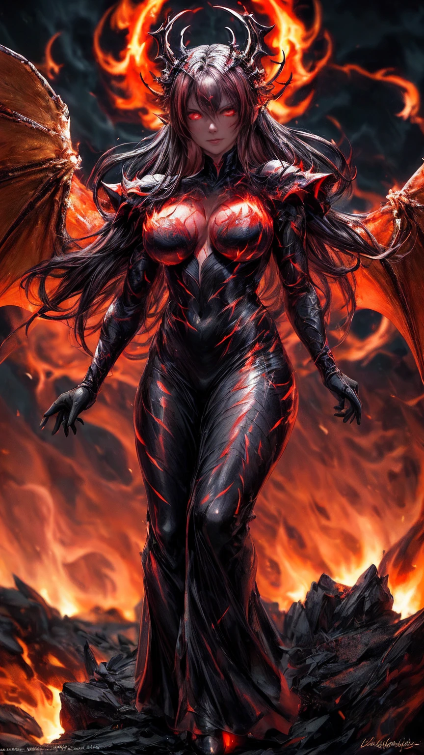 masterpiece, highest quality, dragonlady queen, bright red glowing eyes, detailed eyes (1.4), scars on face, villainous expression, flaming skin body with bioluminescent glowing pattern, ready for battle, blurred stormy background, dark atmosphere, lighting in background,full body,