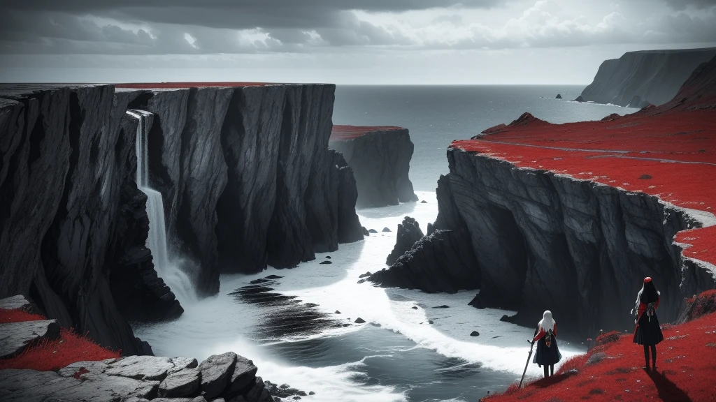 black and white and blue and red,(best quality, ultra-detailed, high resolution, extremely detailed cg),wide shot,dead angels stand on cliff edge,she is very beautiful,she like blood and sea,bloody rain, mystical,fanatic, intricate, surreal,delicate