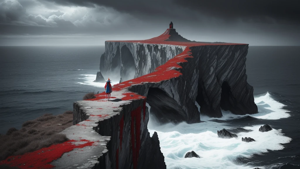 black and white and blue and red,(best quality, ultra-detailed, high resolution, extremely detailed cg),wide shot,dead angels stand on cliff edge,she is very beautiful,she like blood and sea,bloody rain, mystical,fanatic, intricate, surreal,delicate