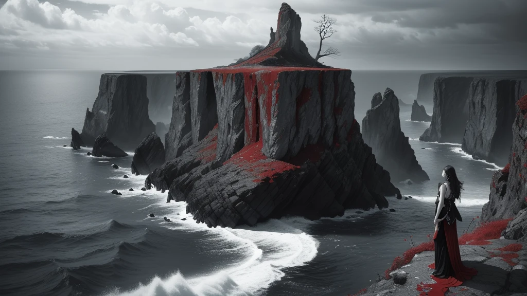 black and white and blue and red,(best quality, ultra-detailed, high resolution, extremely detailed cg),wide shot,dead angels stand on cliff edge,she is very beautiful,she like blood and sea,bloody rain, mystical,fanatic, intricate, surreal,delicate