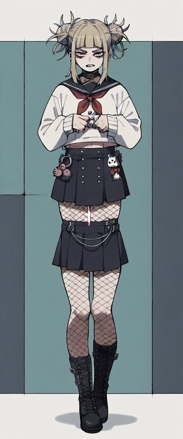 Himiko Gothic Toga (Ultra detailed) (perfect work) (Whole body) (black fishnet stockings, black mini skirt and black boots) (fondo totalmente blanco iluminado)