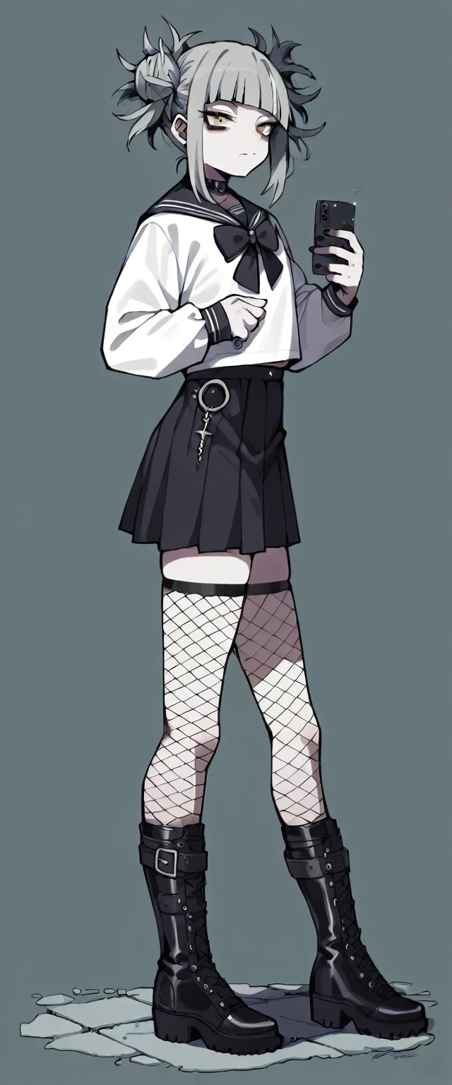 Himiko Gothic Toga (Ultra detailed) (perfect work) (Whole body) (black fishnet stockings, black mini skirt and black boots) (fondo totalmente blanco iluminado)