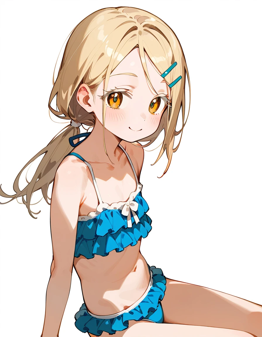 Highest quality, masterpiece, No correction, Beark 1 dhibi girl,shinosawa hiro,thin,Orange eyes,White eyelashes,Blonde,Long Hair,Hair Clip,flat chest,gradient background,frilled bikini,blue bikini,low ponytail,sitting,