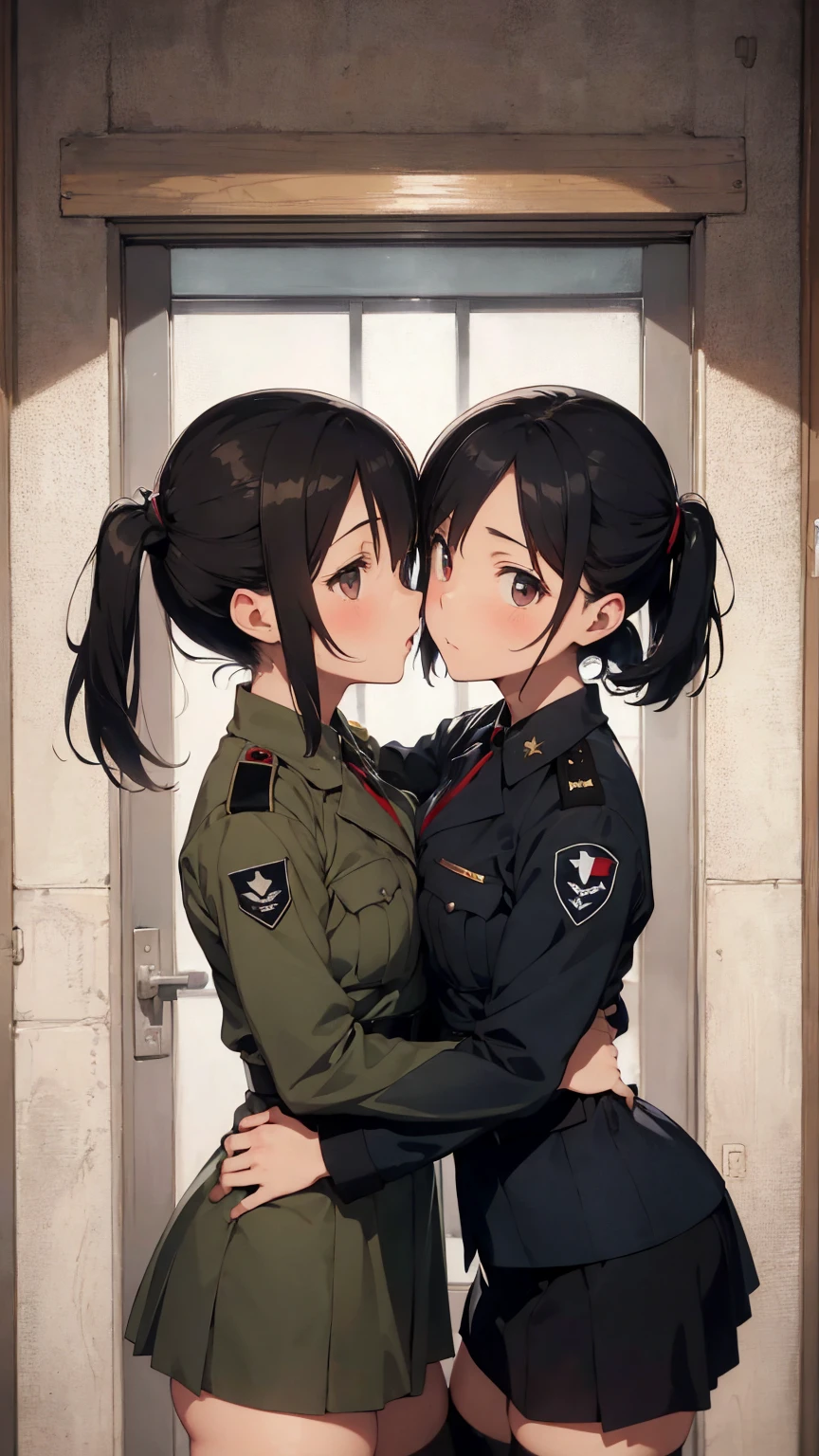 Propaganda poster. Gestapo uniform, female lesbian kawaii sisters kissing passionately in Auschwitz Jewish concentration camp, wearing Luftwaffe uniforms. 8k. masterpiece. best quality. best artwork. lingerie. insignia