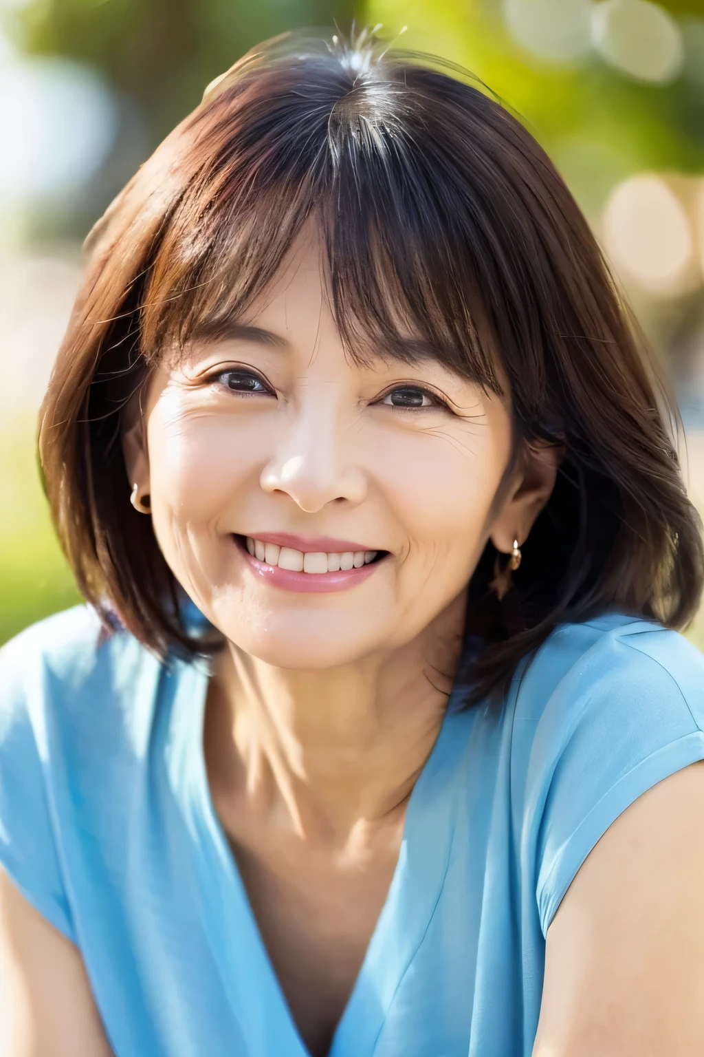 57 years old、smile、beautiful、Elegant adult attire、Shining Eyes、stare、