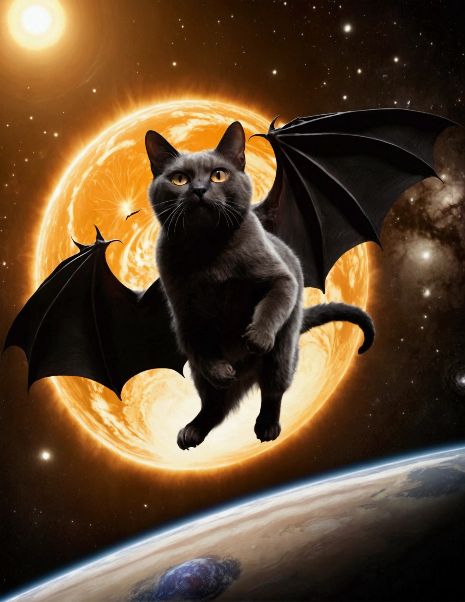 A gigantic cat bats the earh around as it chases Earth across the solar system