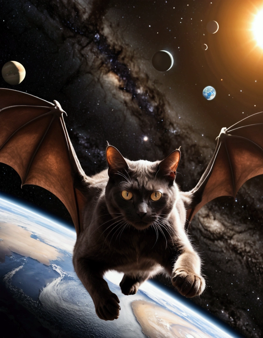 A gigantic cat bats the earh around as it chases Earth across the solar system