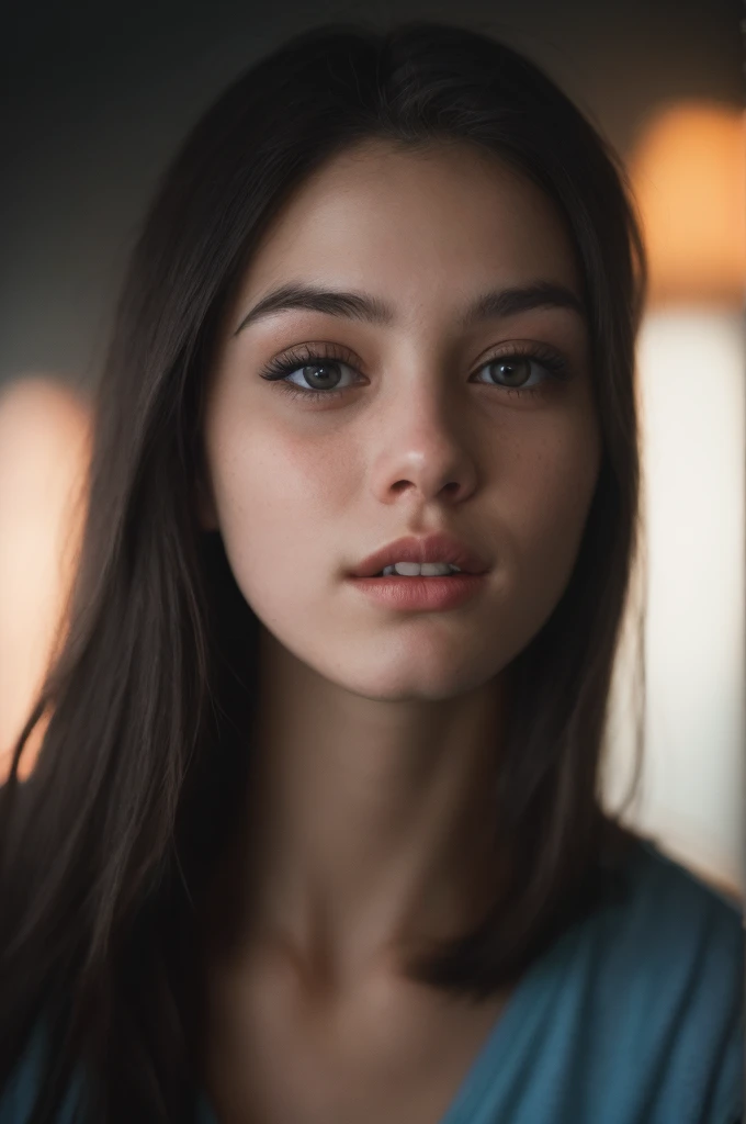 (close-up, editorial photograph of a 21 year old woman), (highly detailed face:1.4) (smile:0.7) (background inside dark, moody, private study:1.3) POV, by lee jeffries, nikon d850, film stock photograph ,4 kodak portra 400 ,camera f1.6 lens ,rich colors ,hyper realistic ,lifelike texture, dramatic lighting , cinestill 800,