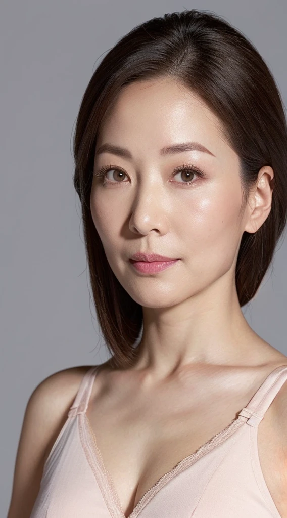 Sharpen, Flat color background, ((up of face:1.3)), gravure, masutepiece, Best Quality, Ultra-detailed, Photorealistic, super detailed skin, Perfect Anatomy, (1 japanese mature woman), (Solo), 90 years old, panties on, bra very, Keep your mouth tightly closed, Large breasts, Mature AV Actress, glamor, A sexy, Chromo-white skin, Looking at Viewer,