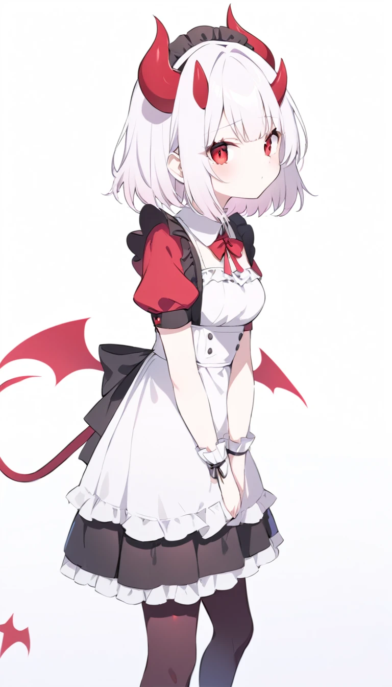 Teenage Girl, Devil Girl, Little red horn, White hair, Short fluffy hair, large red eyes, Pale skin, Red face, Medium breasts, Red cheeks, maid outfit. White background, whole body