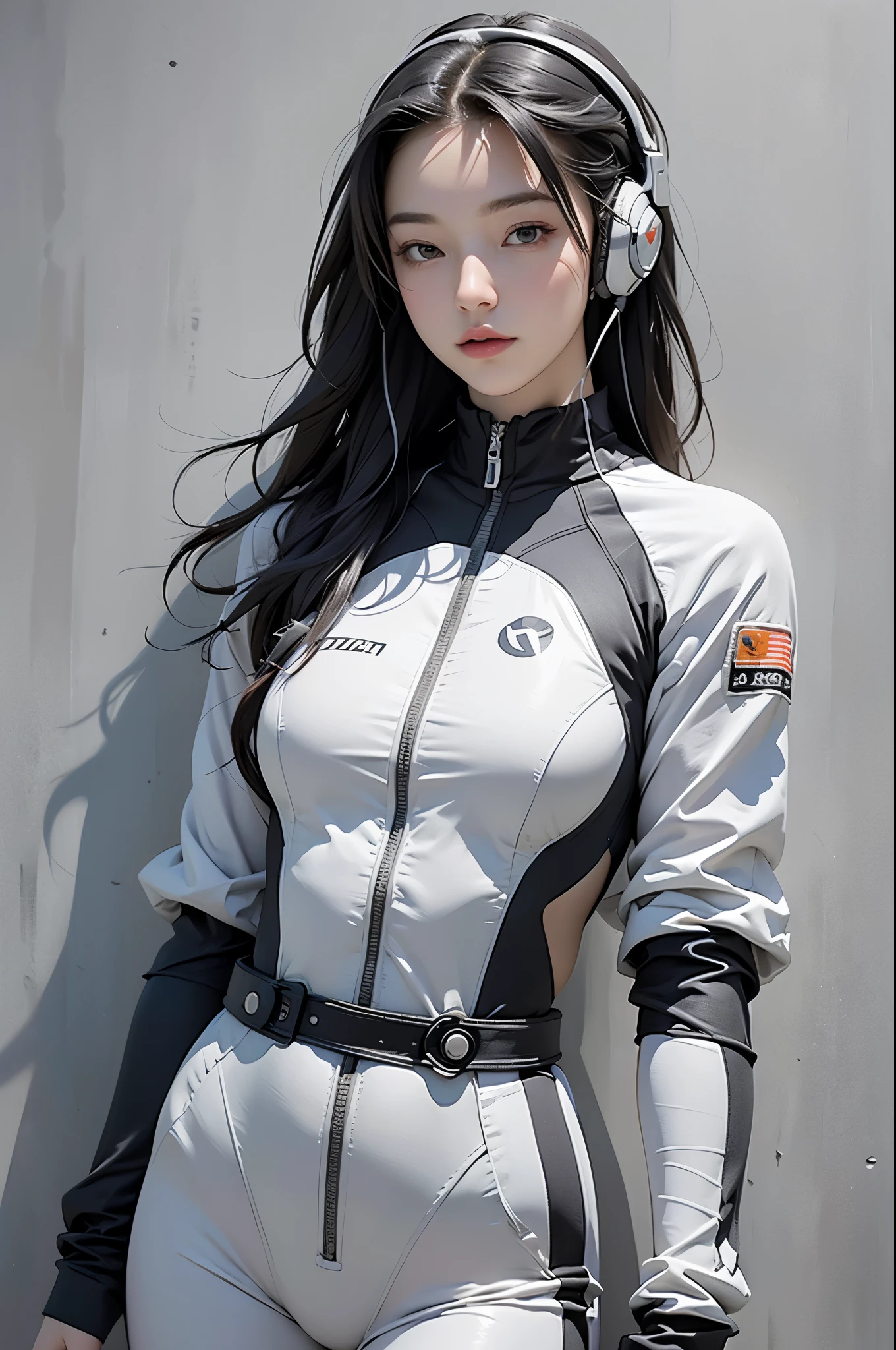 Highest image quality, Excellent details, Ultra-high resolution, (realism: 1.4), ((close up:0.75)), Best Illustration, Offer Details, Highly concentrated 1lady, Has a beautiful and refined face, Perfect proportion, (Chubby:0.3, Small Breasts), (Putting on a racing suit is like, Black-gray mech, Wearing high-tech headphones, Military wiring harness, With a rifle), team leader, Simple gray wall background,