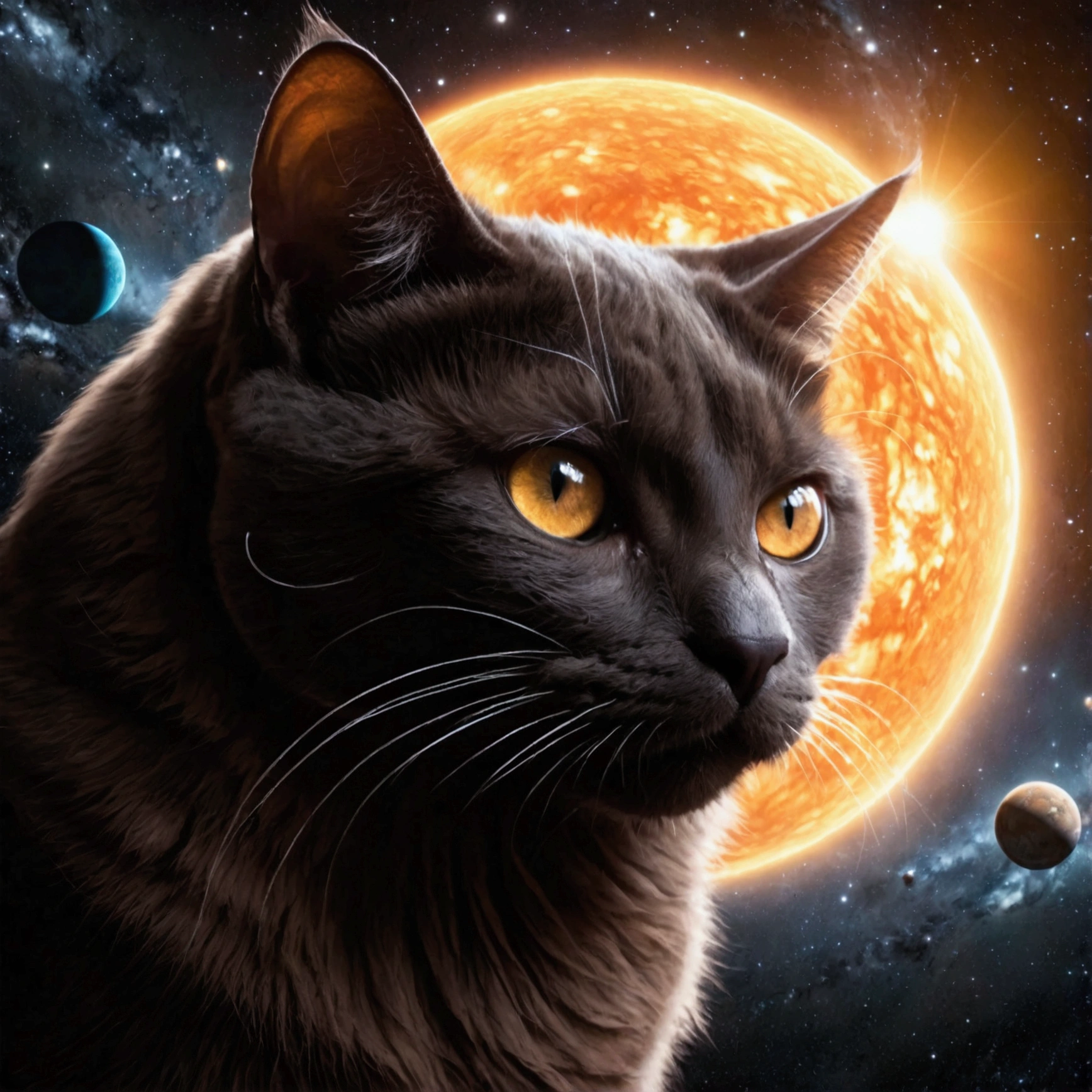 A gigantic cat bats the earh around as it chases Earth across the solar system