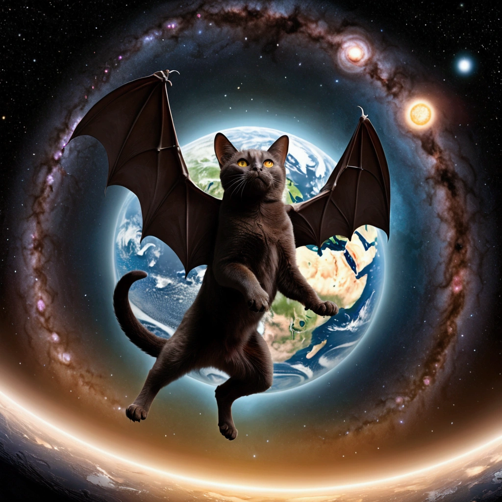 A gigantic cat bats the earh around as it chases Earth across the solar system