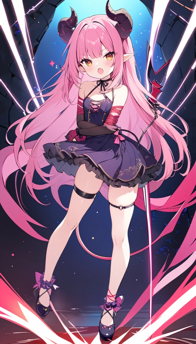 1girl,full ,full body,girly pose,dynamic pose,chained,blood in hair,string choker,body ,tail wrap,thigh strap,tattoo,solo, long hair, open mouth, weapon, pink hair, horns, pointy ears, fang, colored skin, demon girl, claws, colored sclera, black sclera, style_2, onnk,Noyu,loli,cheshire_\(azur_lane\),,mana,