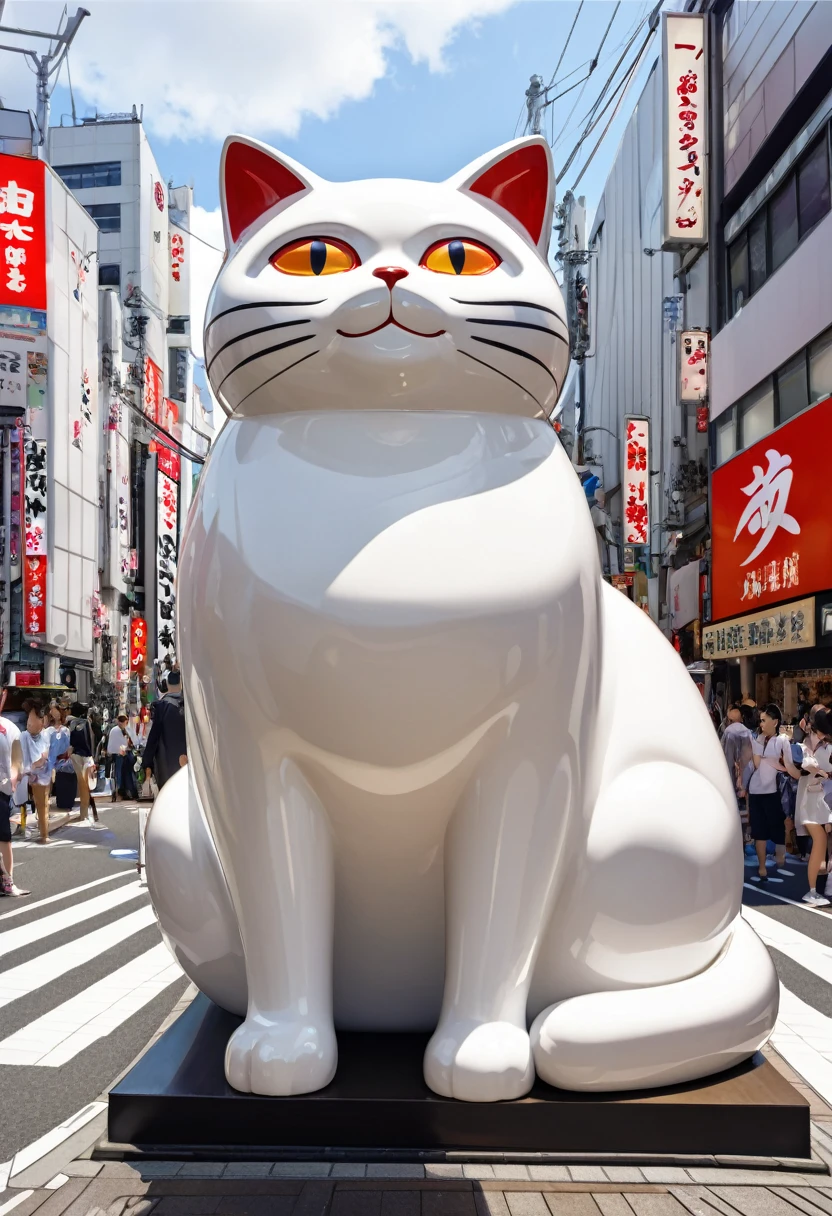 Highest quality, Highest quality, 16K, Unbelievably absurd, Very detailed, delicate and dynamic, Natural light, A giant ceramic beckoning cat figurine,In the city of Shibuya, Tokyo