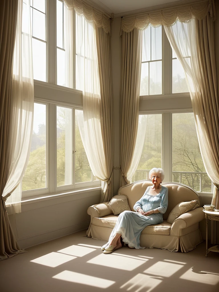 In a large room, with elegant furniture , wide windows and transparent curtains showing the spring outdoor scenery. An 80-year-old woman sits next to the window in an elegant nightgown and slippers. ,calmly drink your coffee, in a sunny morning atmosphere
