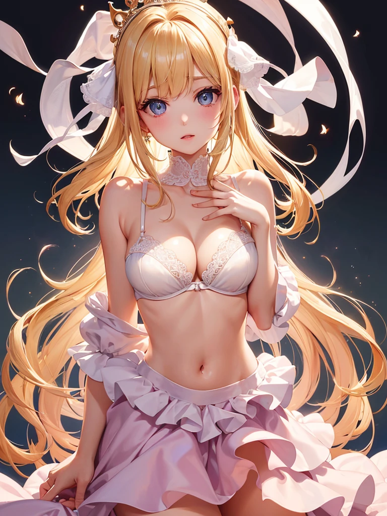 bare breasts、(satin、silk、(White bra))、Highest quality, Super Fine, 16K, Incredibly absurd, Very detailed, Beautiful and cute woman, shy, Big, bright eyes, Blonde double-sided princess hairstyle, Princess-like pink ruffled long flare skirt dress, Simple color background