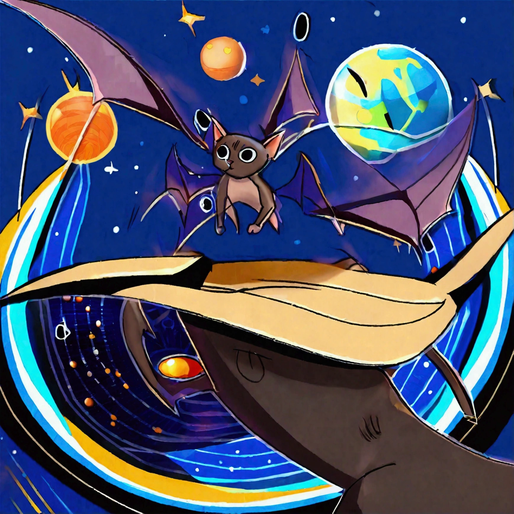 A gigantic cat bats the earh around as it chases Earth across the solar system
