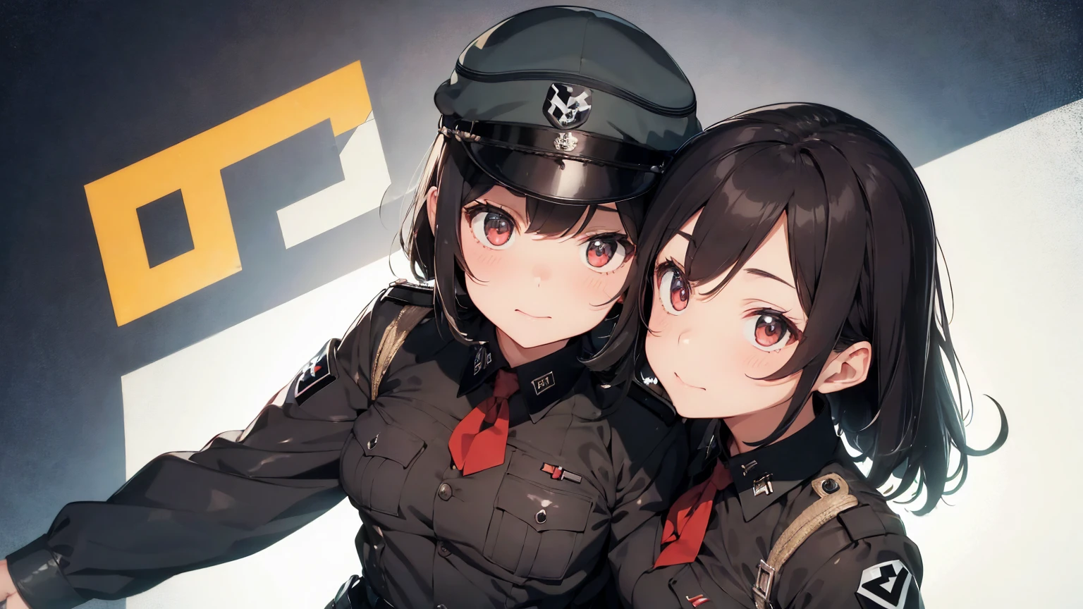 Gestapo uniform, female Nazi lesbian kawaii sisters kissing passionately on top of German tank, wearing Luftwaffe uniforms. 8k. masterpiece. best quality. best artwork. lingerie. insignia red armband