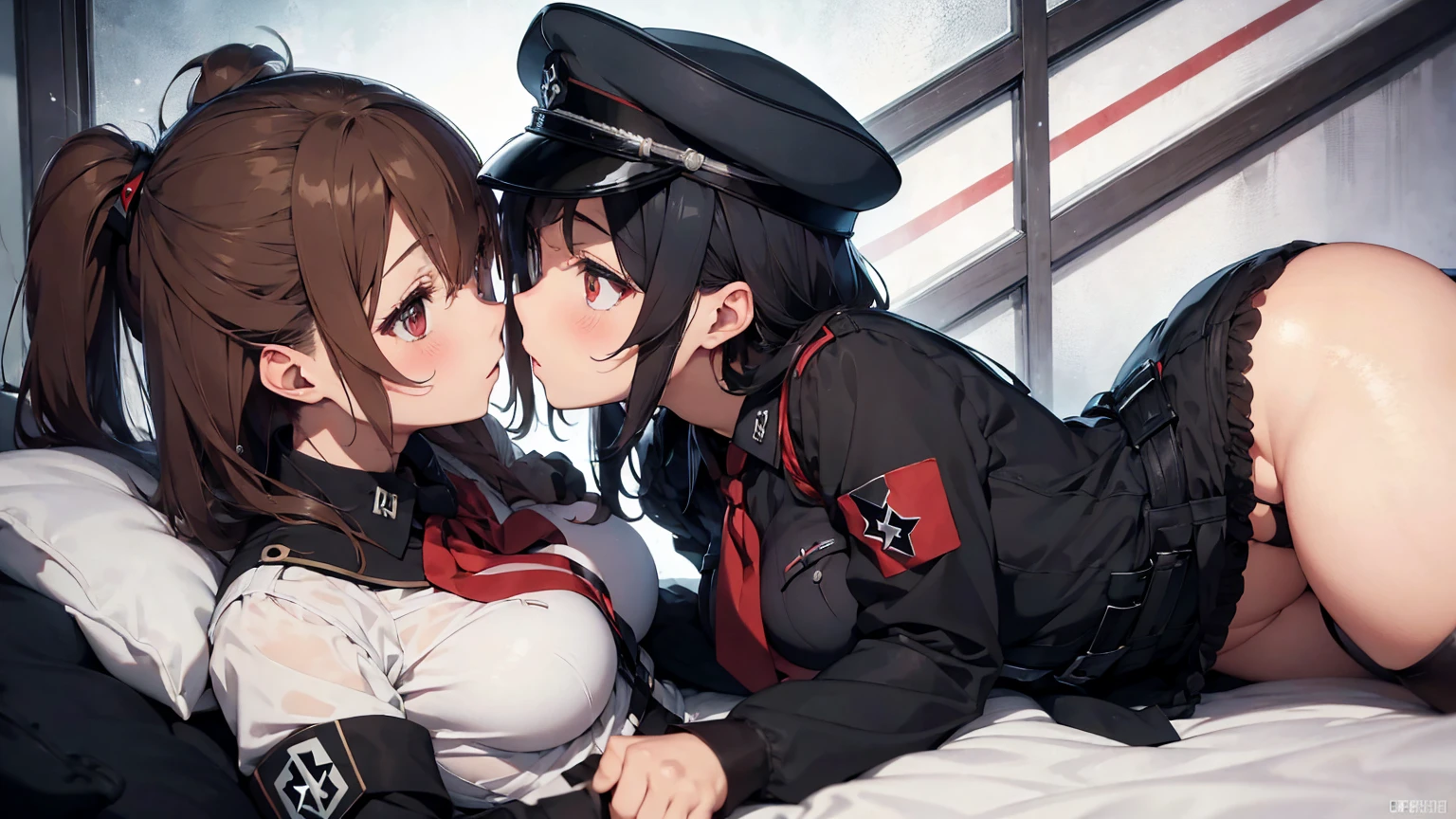 Gestapo uniform, female Nazi lesbian kawaii sisters kissing passionately on top of German tank, wearing  Luftwaffe uniforms. 8k. masterpiece. best quality. best artwork. lingerie.  insignia red armband