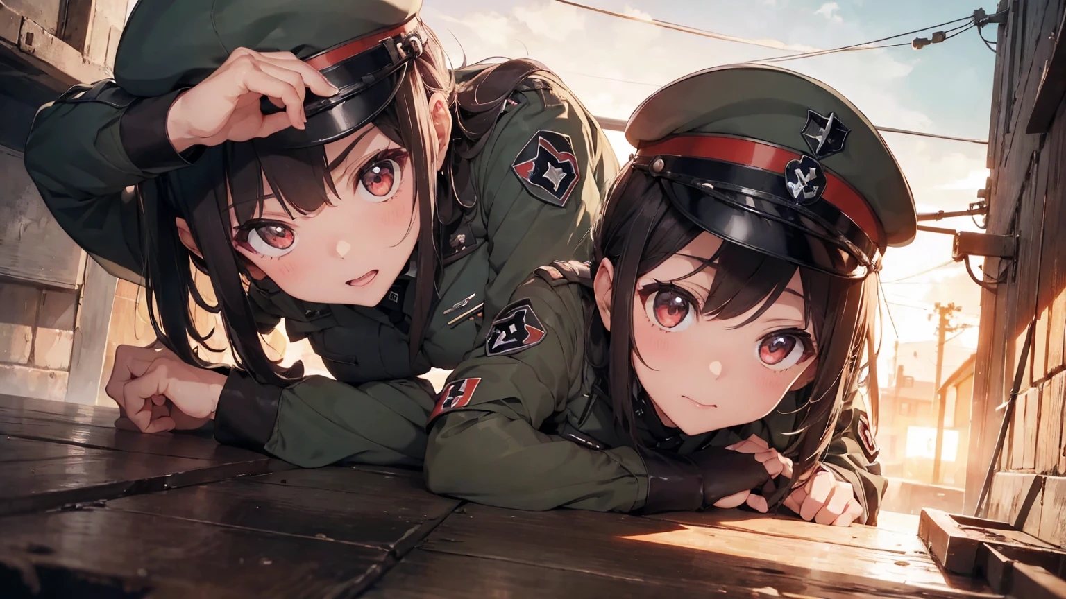 Gestapo uniform, female Nazi lesbian kawaii sisters kissing passionately on top of German tank, wearing Luftwaffe uniforms. 8k. masterpiece. best quality. best artwork. lingerie. insignia red armband