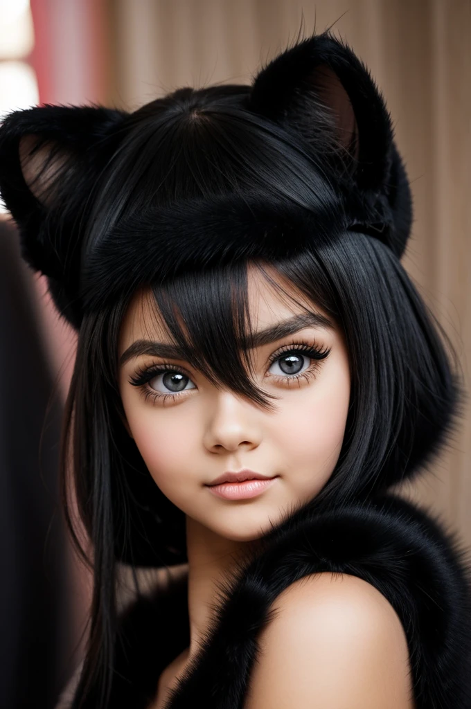 Cute girl with big eyes, eyelashes the same, black fur 