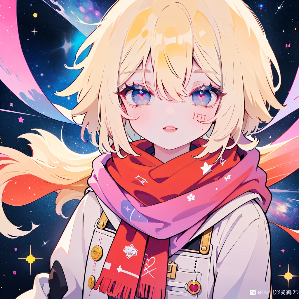 1 Girl, Ahog, Bangs, Blonde Hair, Blow a Kiss, blue eyes, blue scarf, brown scarf, cleveage, Shut up, eyelash, Face, Flowing hair, Hair between the eyes, Heart, Lips, Lipstick, Long hair, Looking at the audience, cosmetic, night Sky, nose, Close one eye, orange scarf, pink Lips, pink scarf, portrait, Purple Eyes, Practical, red Lips, red scarf, scarf, sign, Smile, Solitary, space, spoken Heart, Star (Sky), Starry Sky, Upper Body, Watermark, yang xiao long, yellow scarf