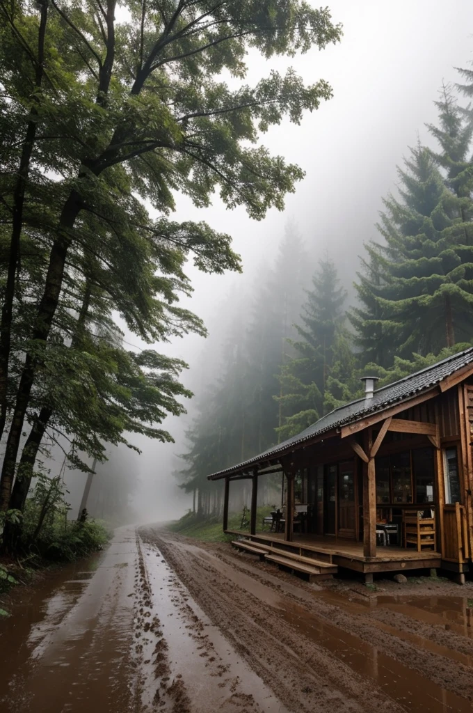 A small mud road which is in mountains and there are alot of trees around it the weather is foggy and its raining slightly and on the side there is a coffee shop made out of wood in which there is slight light
