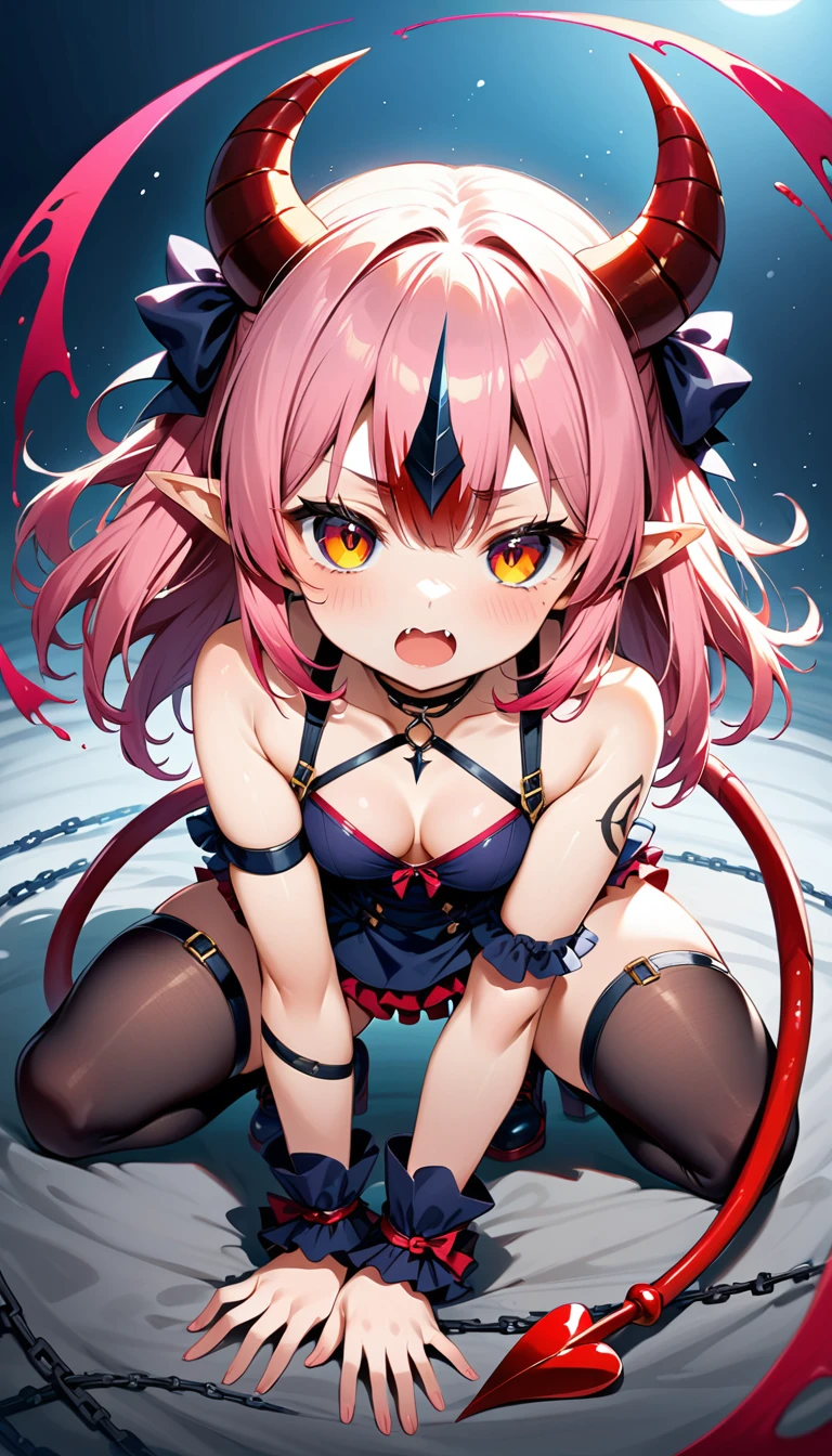 1girl,full ,full body,girly pose,dynamic pose,chained,blood in hair,string choker,body ,tail wrap,thigh strap,tattoo,solo, long hair, open mouth, weapon, pink hair, horns, pointy ears, fang, colored skin, demon girl, claws, colored sclera, black sclera, style_2, onnk,Noyu,,cheshire_\(azur_lane\),,mana,