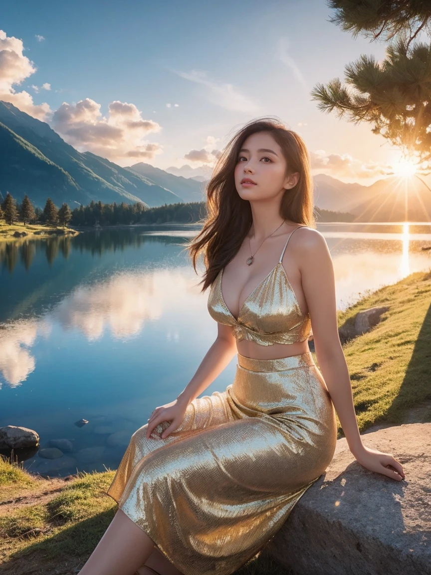 1 girl, happy expression, charming eyes, straight long hair, flowing skirt, big, looking at the sun, calm posture, porcelain-like skin, subtle blush, crystal pendant BREAK Golden Hour, (edge lighting): 1.2, cool colors, sun flare, soft shadows, bright colors, painting effects, fantastic atmosphere BREAK Scenic lakes, distant mountains, pine trees, mountain tops, reflections, sunlit clouds, tranquil atmosphere, idyllic sunrise, Ultra detailed, official art, unified 8k wallpapers, zentangle, mandala