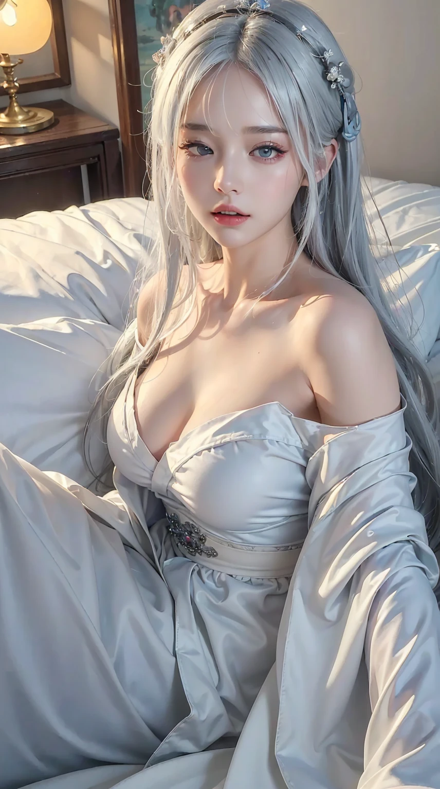 ((best quality)),((Excellent quality, 8K, masterpiece: 1.5)), Clarity: 1.4, Perfect body beauty: 1.4,  Sexy Hanfu，I can see your lesbian，White hair，Moist skin, Sleeping in bed，Backward Pose，film texture，Facing the camera