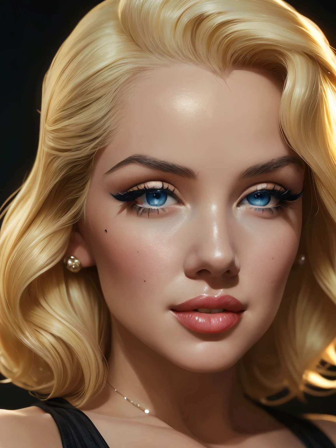 Marilyn Monroe in the movie "gentlemen prefer blondes 1953", full-length, 50's, blonde hair color, short hair, wavy hair, blue eyes, age 27, one small mole just above the left corner of her mouth, languid look, extremely detailed, hyper detailed, soft lighting, beautiful blonde, 1950s movie star