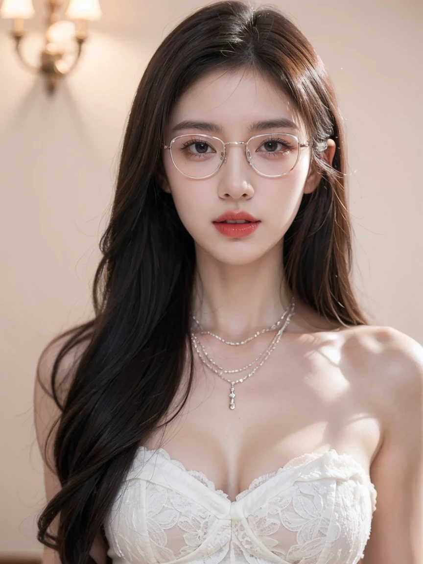 Top CG, Highest image quality, masterpiece, Gentle and beautiful girl, (185cm美女), (fit), Imperial sister, Queen temperament, White skin, Perfect facial features, Bright Eyes, Red lips, Beautiful and cold (A major breakthrough)), Beautiful and heroic, Soft and long hair, shiny, Lace, net, Visible through clear skin, wear glasses, ruby neckLace, (evening dress), 8K Image Quality, (Realistic Portraits), Characters fill the screen, (Facial lighting), ((eternal),Frameless glasses