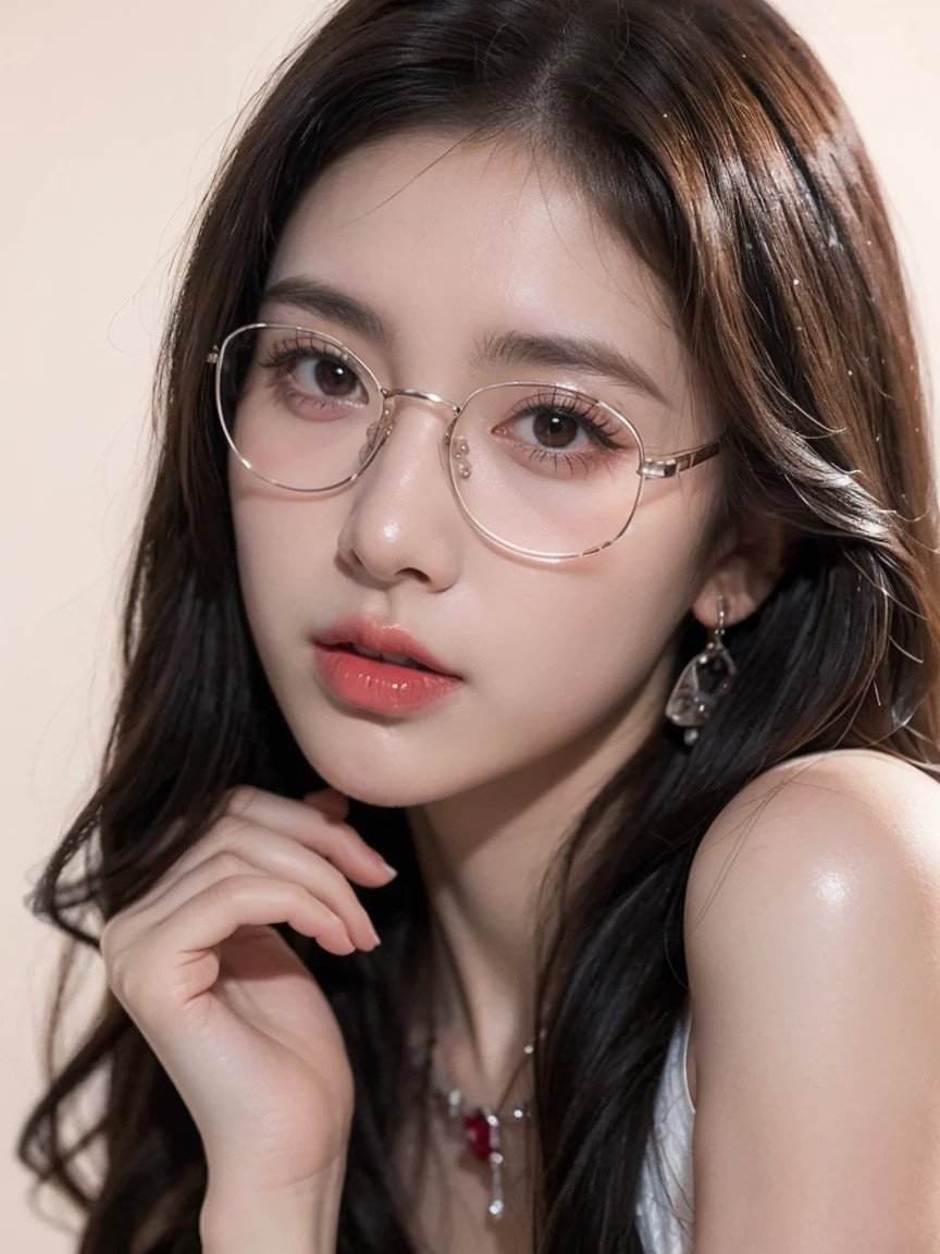 Top CG, Highest image quality, masterpiece, Gentle and beautiful girl, (185cm美女), (fit), Imperial sister, Queen temperament, White skin, Perfect facial features, Bright Eyes, Red lips, Beautiful and cold (A major breakthrough)), Beautiful and heroic, Soft and long hair, shiny, Lace, net, Visible through clear skin, wear glasses, ruby neckLace, (evening dress), 8K Image Quality, (Realistic Portraits), Characters fill the screen, (Facial lighting), ((eternal),Frameless glasses