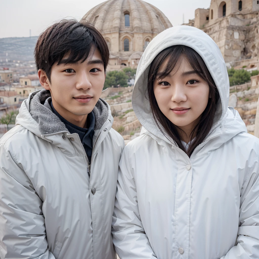 Medium shot of a 25 year old korean man, fit body, ideal body, oval face, white skin, nature skin, medium hair, wearing a winter jacket, side by side with a 25 year old korean woman with white hijab, gray winter jacket, they smile facing the camera, eye to camera, eye level angle with Cappadocia view in the background