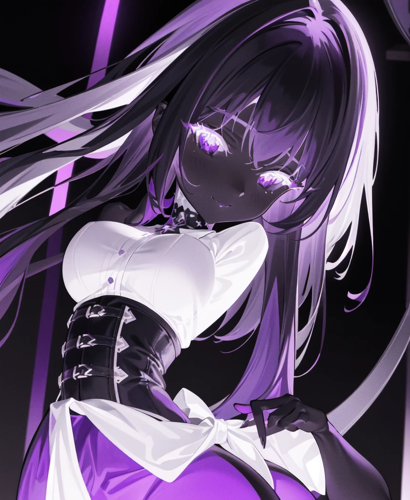 A woman, Purple theme, monochrome, Pointed ears, Smile, Shut up, Solitary, Long hair, Looking at the audience, Bob Hairstyle, scar, Large Breasts, Elegant hips, Corset, (masterpiece, best quality, absurd, detailed, ultra-detailed:1.3), Sexy