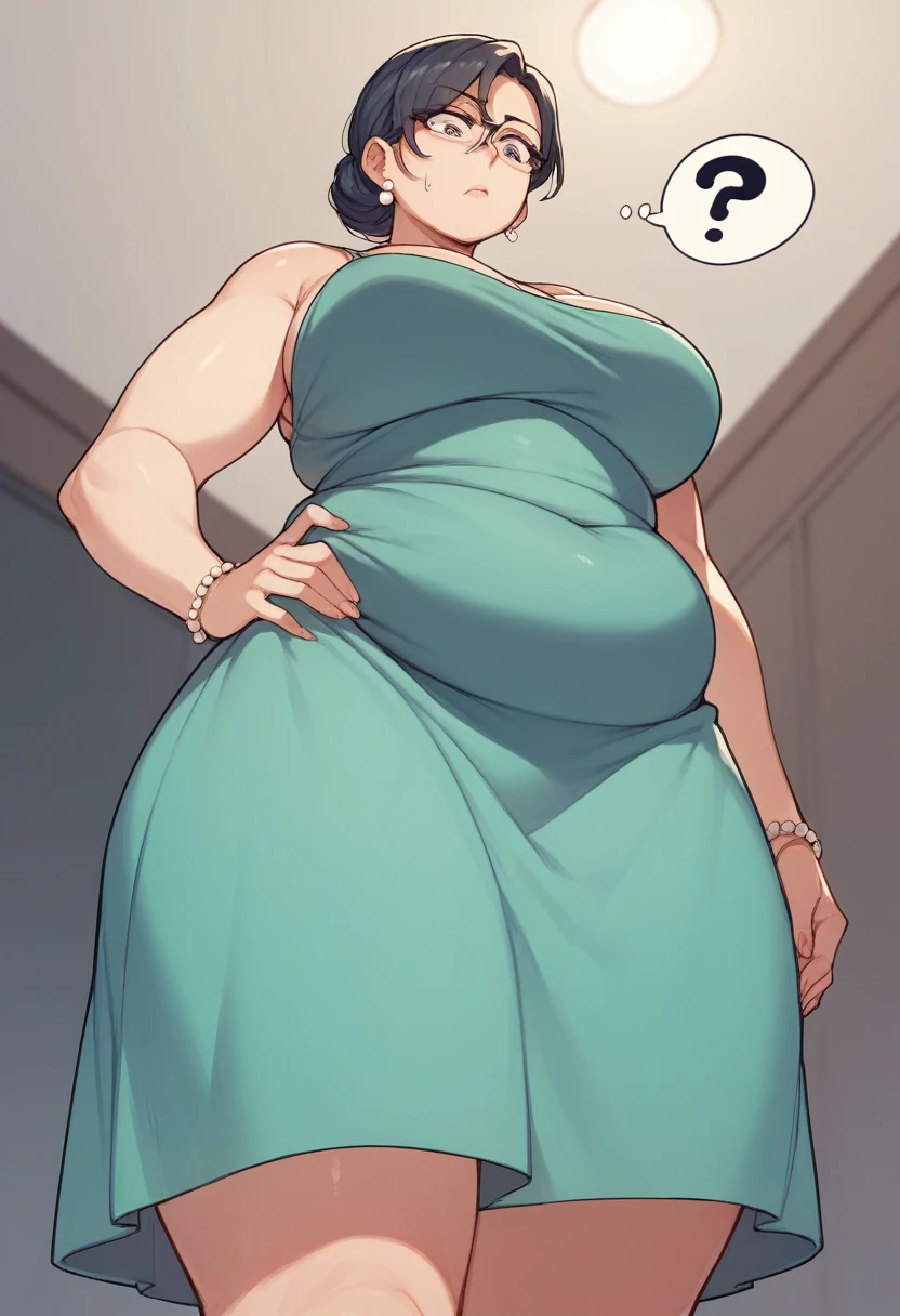 score_9, score_8_up, score_7_up, 1girl, cartoon, milf, chubby, dress, looking down, confused