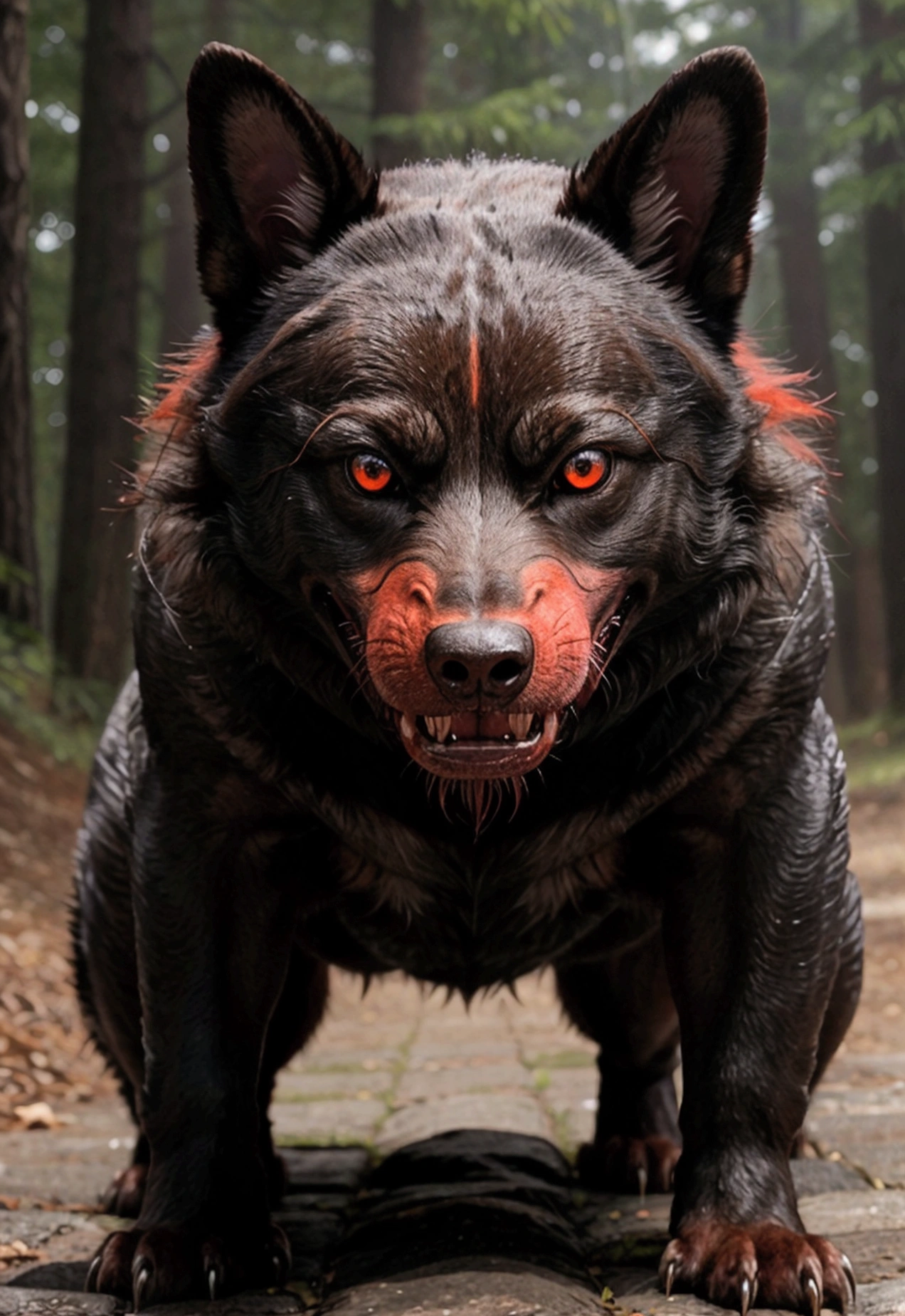A menacingly fierce dog with glowing red eyes lunging forward in a predatory stance.The creature's ferocious demeanor is emphasized by its sharp, glistening teeth and bristling fur, giving a sense of raw, primal power. The depth and detail of the image evoke a sense of imminent danger, drawing the viewer into the heart-pounding scene.