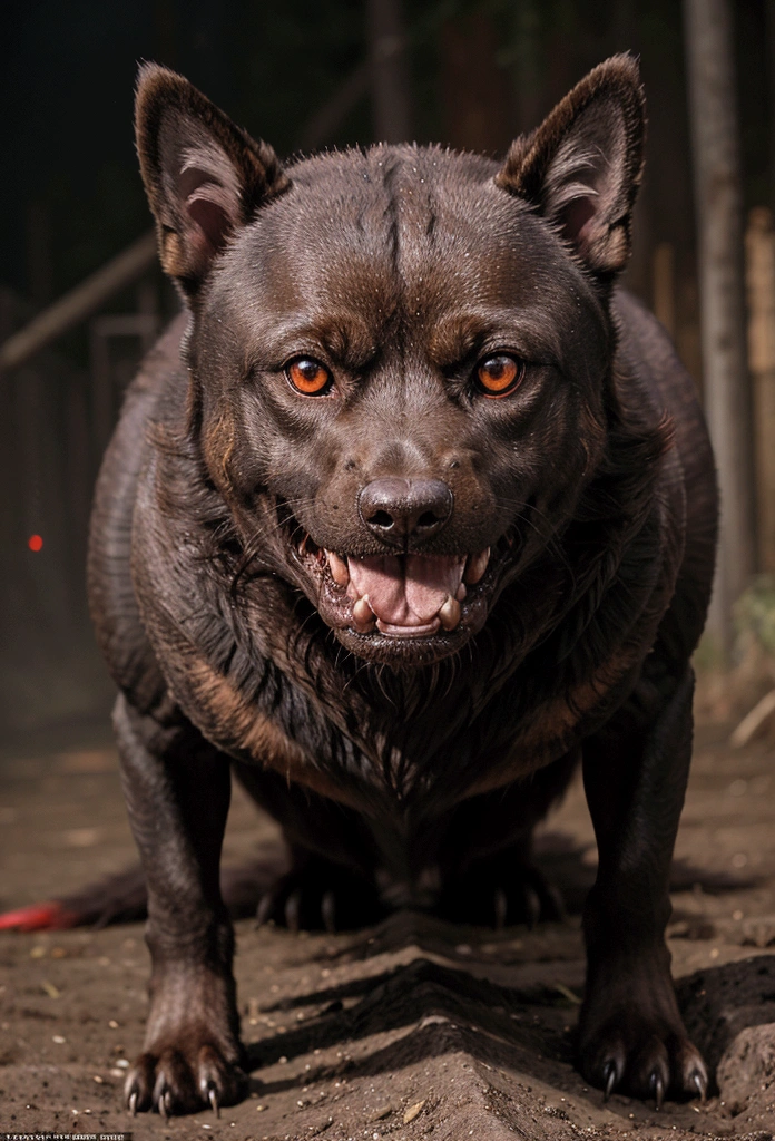 A menacingly fierce dog with glowing red eyes lunging forward in a predatory stance.The creature's ferocious demeanor is emphasized by its sharp, glistening teeth and bristling fur, giving a sense of raw, primal power. The depth and detail of the image evoke a sense of imminent danger, drawing the viewer into the heart-pounding scene.