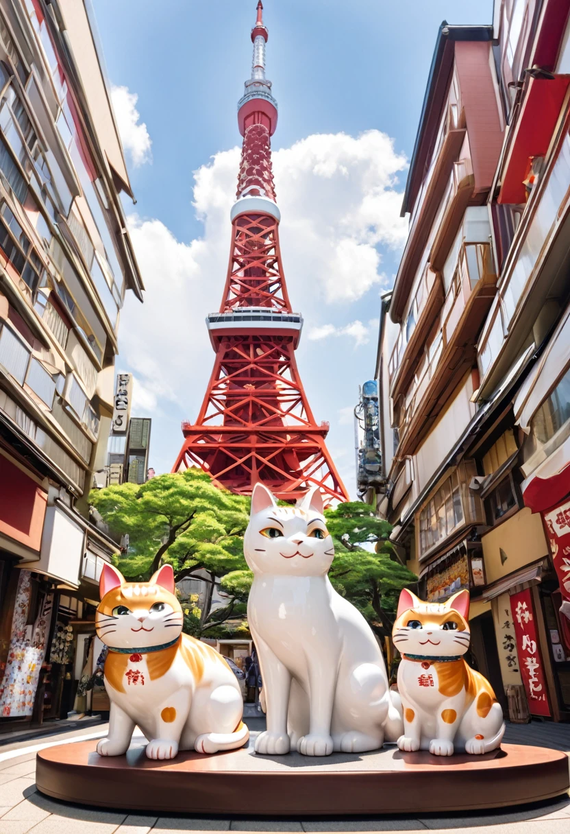 Highest quality, Highest quality, 16K, Unbelievably absurd, Very detailed, delicate and dynamic, Natural light, A giant ceramic beckoning cat figurine, Tokyo Tower, Tokyo Towerより大きい招き猫の置物