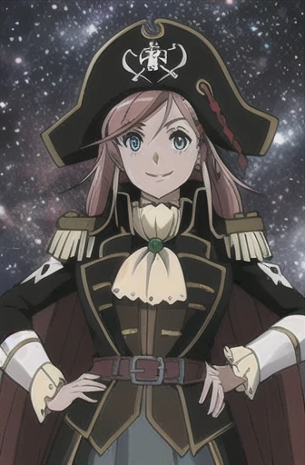 masterpiece, best quality, 1girl, detailed face and eyes, upper body, big breasts, smile, hand on hips, Katou Marika, pirate costume, pirate hat, skirt, space, starry sky