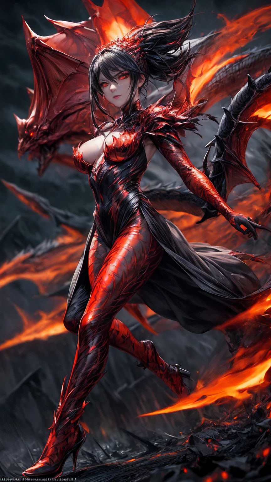 masterpiece, highest quality, dragonlady queen, bright red glowing eyes, detailed eyes (1.4), scars on face, villainous expression, flaming skin body with bioluminescent glowing pattern, ready for battle, blurred stormy background, dark atmosphere, lighting in background,full body,